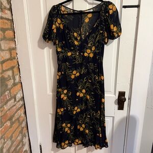 Reformation Black Midi Dress with Yellow Floral Pattern